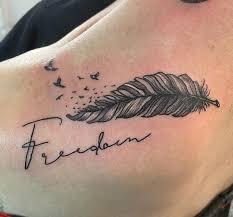 Freedom Feather And Name Tattoos